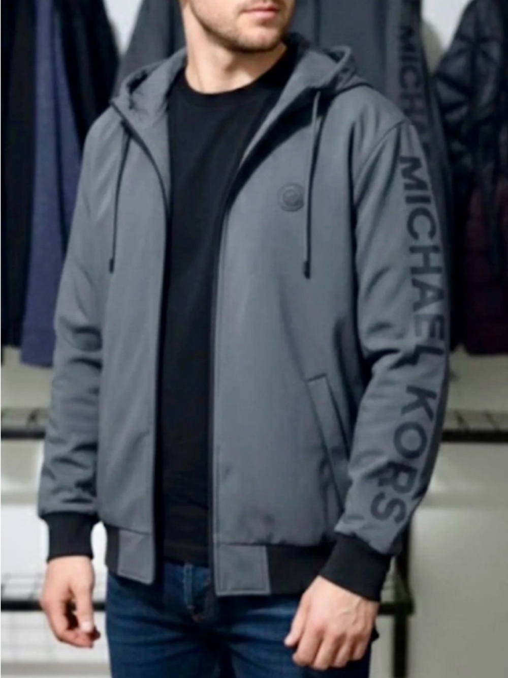 Michael Kors Soft Shell Hooded Sherpa Lined Bomber Jacket size S Charcoal